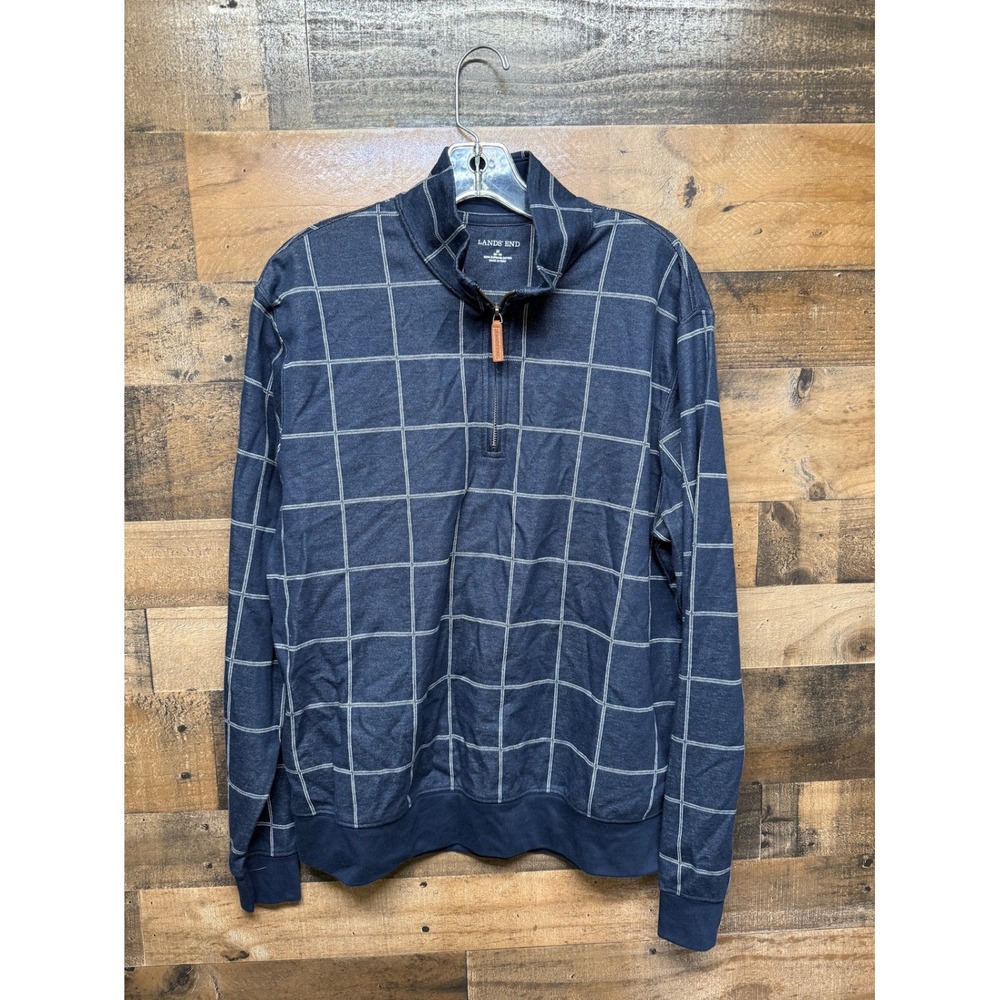 Lands End Mens Quarter Zip Pullover Sweater Navy Blue Grid Plaid Size‎ M